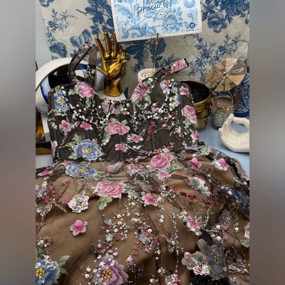 🆕 BRONX & BANCO 🧿 NWOT Midnight Embroidered Floral & Pearl Gown, Sz XS US 2 - Picture 12 of 15